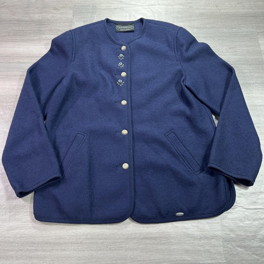 Giesswein Jacket Womens 38 Blue Merino Wool Button Front‎ Embroidered Austria